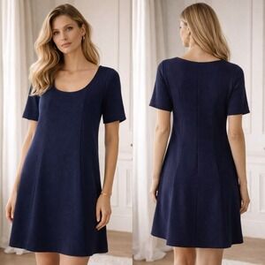 Theory‎ Nocturne Navy Short Sleeve Mini Shift Dress Pockets Womens Medium Wool